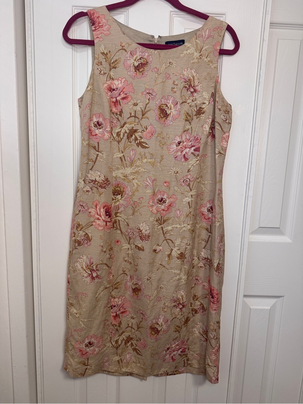 Ann Taylor Beige Midi Dress with Pink Floral Embroidery